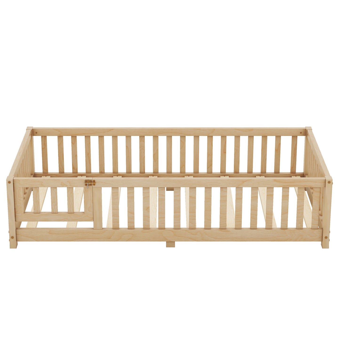 Twin Size Bed Floor Bed With Safety Guardrails And Door For Kids, Natural