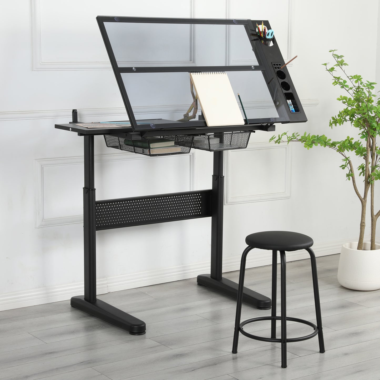 Hand Crank Adjustable Drafting Table Drawing Desk With 2 Metal Drawers  BLACK WITH STOOL