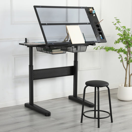 Hand Crank Adjustable Drafting Table Drawing Desk With 2 Metal Drawers  BLACK WITH STOOL