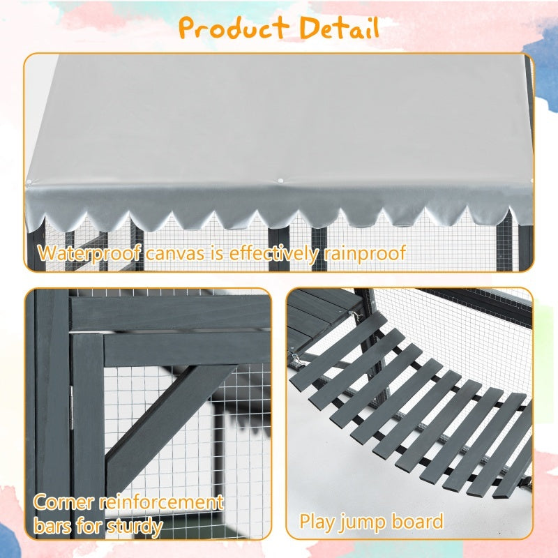 Extra Spacious Catio Outdoor Cat Haven, 110 Inch Luxury Cattery With Weather-Resistant Roof, Cat Climbing Ramp, Space Pod Bed, 2 Lounging Huts