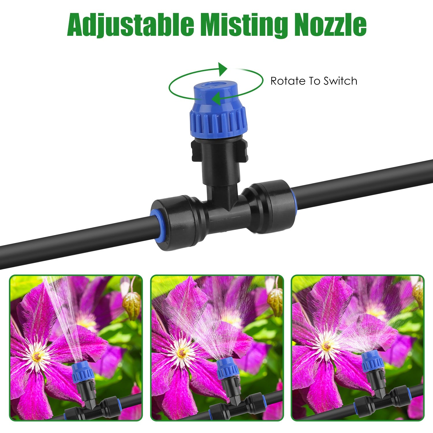 Adjustable misting nozzle with black pipe and blue connector, shown with images of pink flowers being watered.
