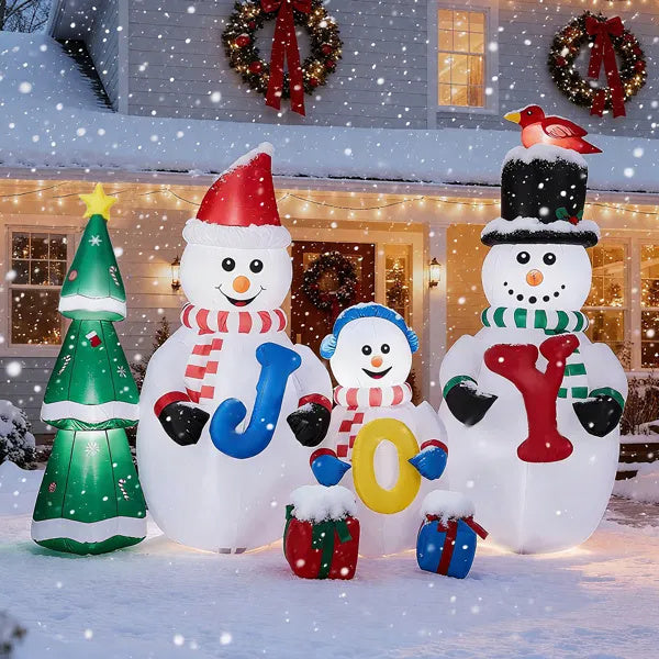 8FT Lighted Christmas Inflatable Decoration, Inflatable Snowman Family With JOY And Xmas Tree, Funny Blow Up Yard Decorations With Built-in LED Lights For Holiday Party Front Yard Lawn Garden Decor