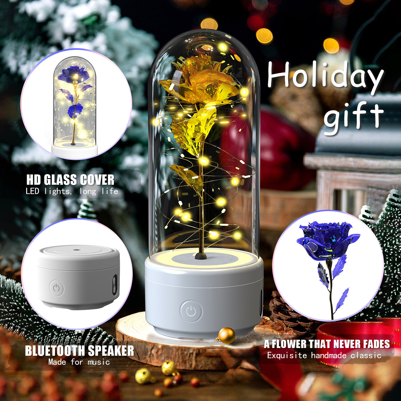 Creative 2 In 1 Rose Flowers LED Light And Bluetooth-compatible Speaker Gift Rose Luminous Night Light Ornament In Glass Cover