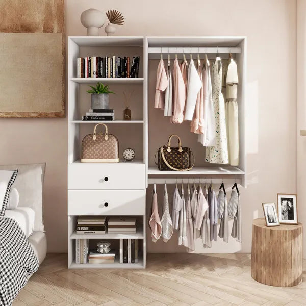Livelylodge Modular Closet Organizer System: Modern White Open Wardrobe Closet For Bedroom Walk In Closet With 2 Drawers & 6 Shelves & 1 Hanging Rods Storage Closet 54.6"L*17.16"W*70.2"H