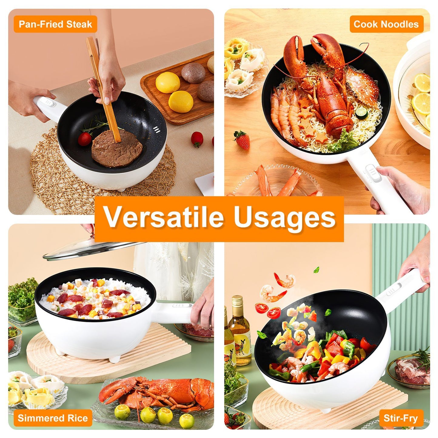 Electric Hot Pot Non-Stick Frying Pan Portable Rapid Noodles Cooker With Long Handle Steamer Spatula Dual Power Control Overheat Dry-Boil Protection For College Dorm Room Essential