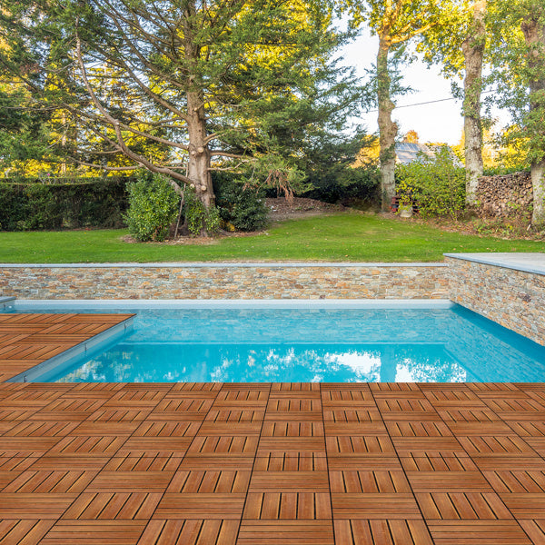 27pcs Wood Interlocking Deck Tiles 11.8x11.8, Waterproof Flooring Tiles For Indoor And Outdoor, Patio Wood Flooring For Patio Porch Poolside Balcony Backyard, Stripe Pattern
