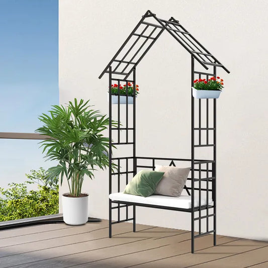 2 in 1 Metal Garden Arch With Bench Turned Into Flower Stand W58.07*H97.24 Climbing Plants Support Rose Arch Outdoor Black