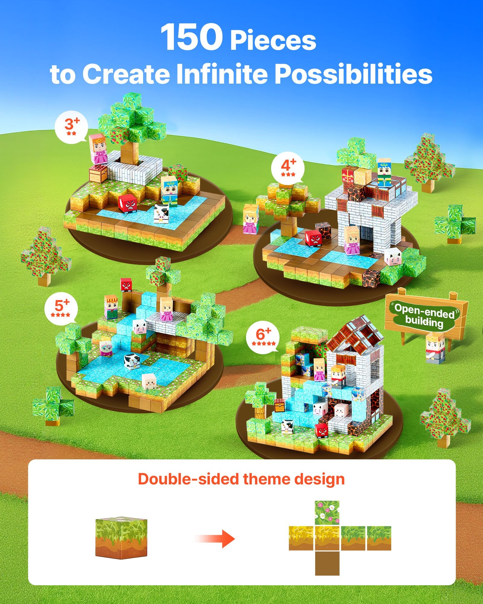 Toy building set with various structures and characters on a grassy background, promoting creativity and endless possibilities.