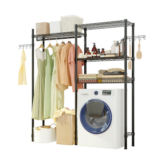Double Row With Hanging Clothes Bar, 1 Layer Rack, 3 Mesh Baskets, Open Style Wardrobe Made Of Iron