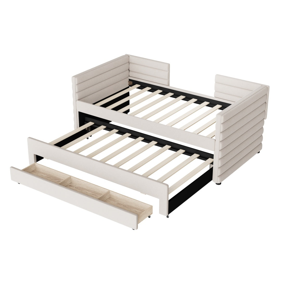 Twin Size Upholstered Daybed With Trundle And 3 Storage Drawers, Chenille Fabric Sofa Bed For Guest Room, Living Room, Space-Saving Modern Day Bed Frame, No Box Spring Needed