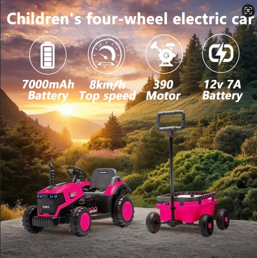 Kids Electric Ride On Tractor With Trailer, 12V Powered Children's Farm Tractor Toy Car With LED Lights, Music, PP Material, For 3-6 Years Old