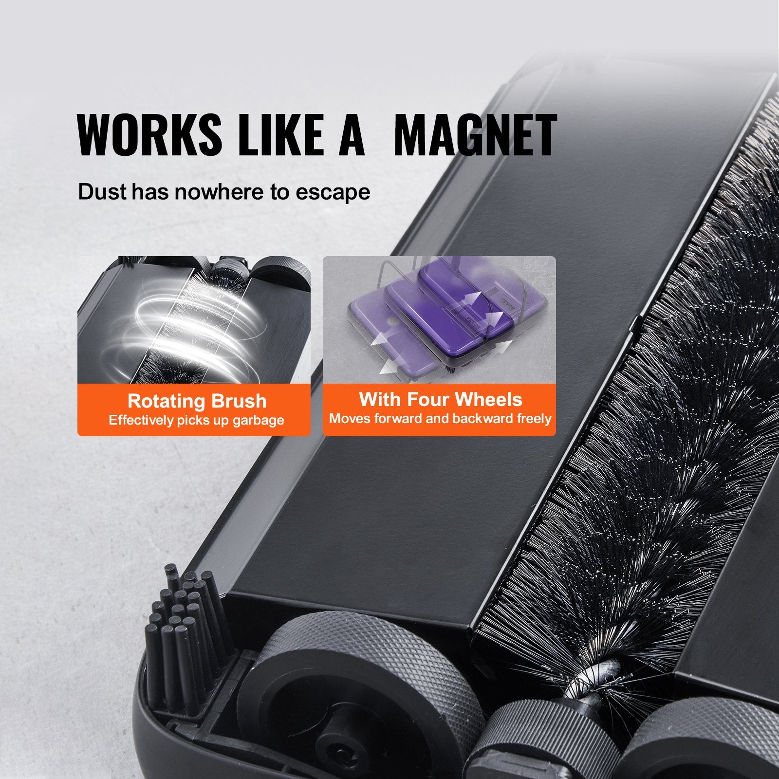 Cleaning tool with rotating brush and wheels, highlighting features like 'works like a magnet' and 'rotating brush'.