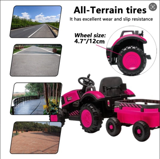 Kids Electric Ride On Tractor With Trailer, 12V Powered Children's Farm Tractor Toy Car With LED Lights, Music, PP Material, For 3-6 Years Old