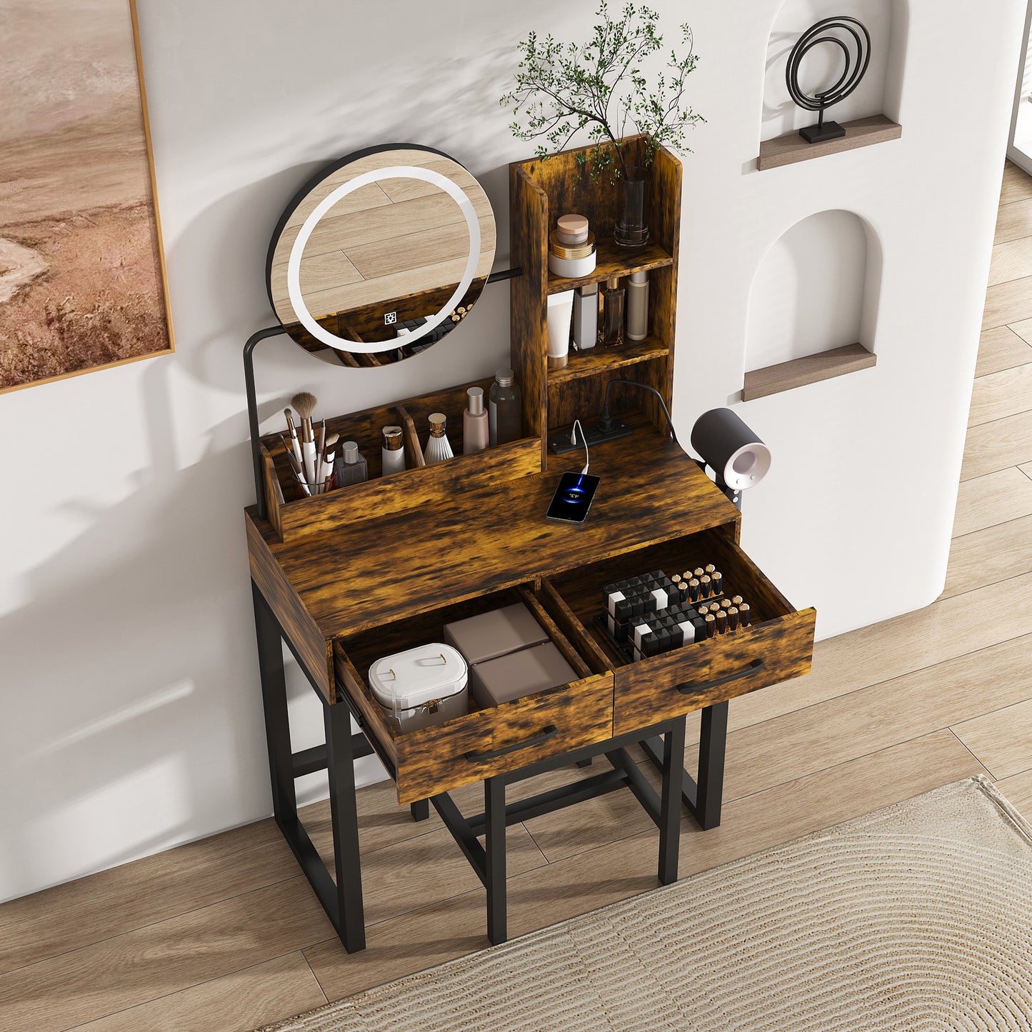 Makeup Vanity With LED Lights&3 Color And Power Outlet Makeup Vanity Table With 2 Big Drawers With Sturdy Metal Leg And Metal Chair ,Dressing Table For Bedroom Dressing Room Brown