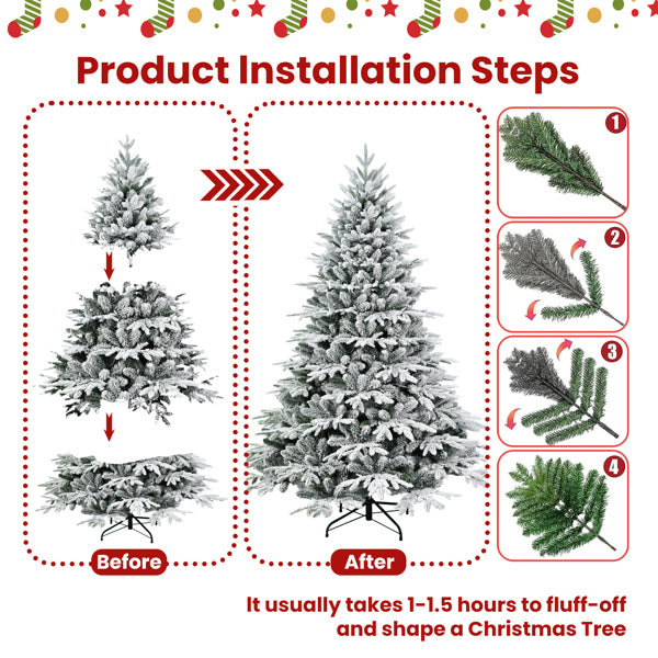 Artificial 7.5ft Flocked Christmas Tree With 3135 PE PVC Mixed Branch Tips, 650L Warm White Led, Steel Wire Wire, Hinged Premium & Foldable Base For Indoor Holiday Decorating