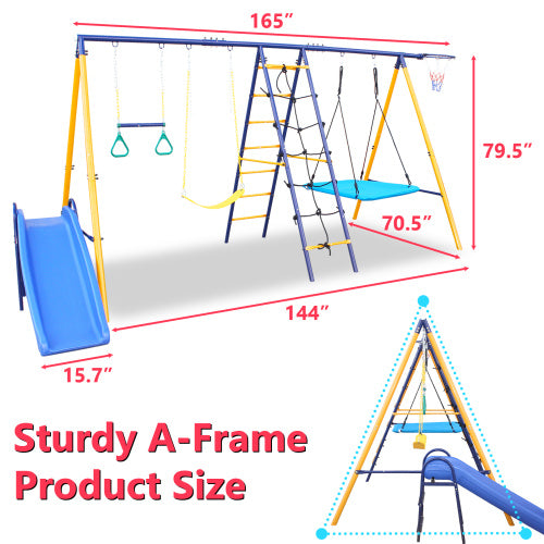 500 Lbs 7 In 1 Swing Set For Kids  Outdoor A Frame Heavy  Metal Swing Sets With Slide  2 Swing Seats 1 Climbing Net   Ladder 1 Gym Ring 1 Basket