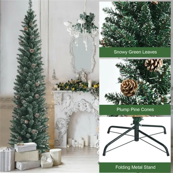 7FT Green Artificial Christmas Tree - 351 Lush Tips, 41 Realistic Pine Cones, Foldable Metal Stand