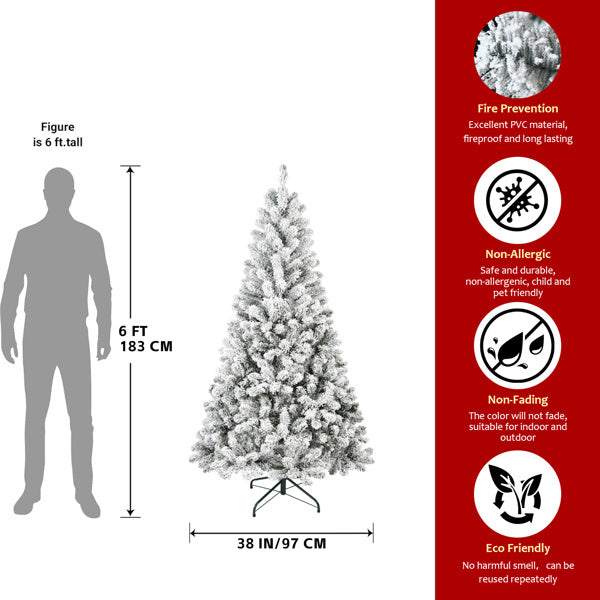 Artificial 6ft Flocked Christmas Tree With 678 PVC Branch Tips, Round Head, Foldable Base For Indoor Holiday Decorating
