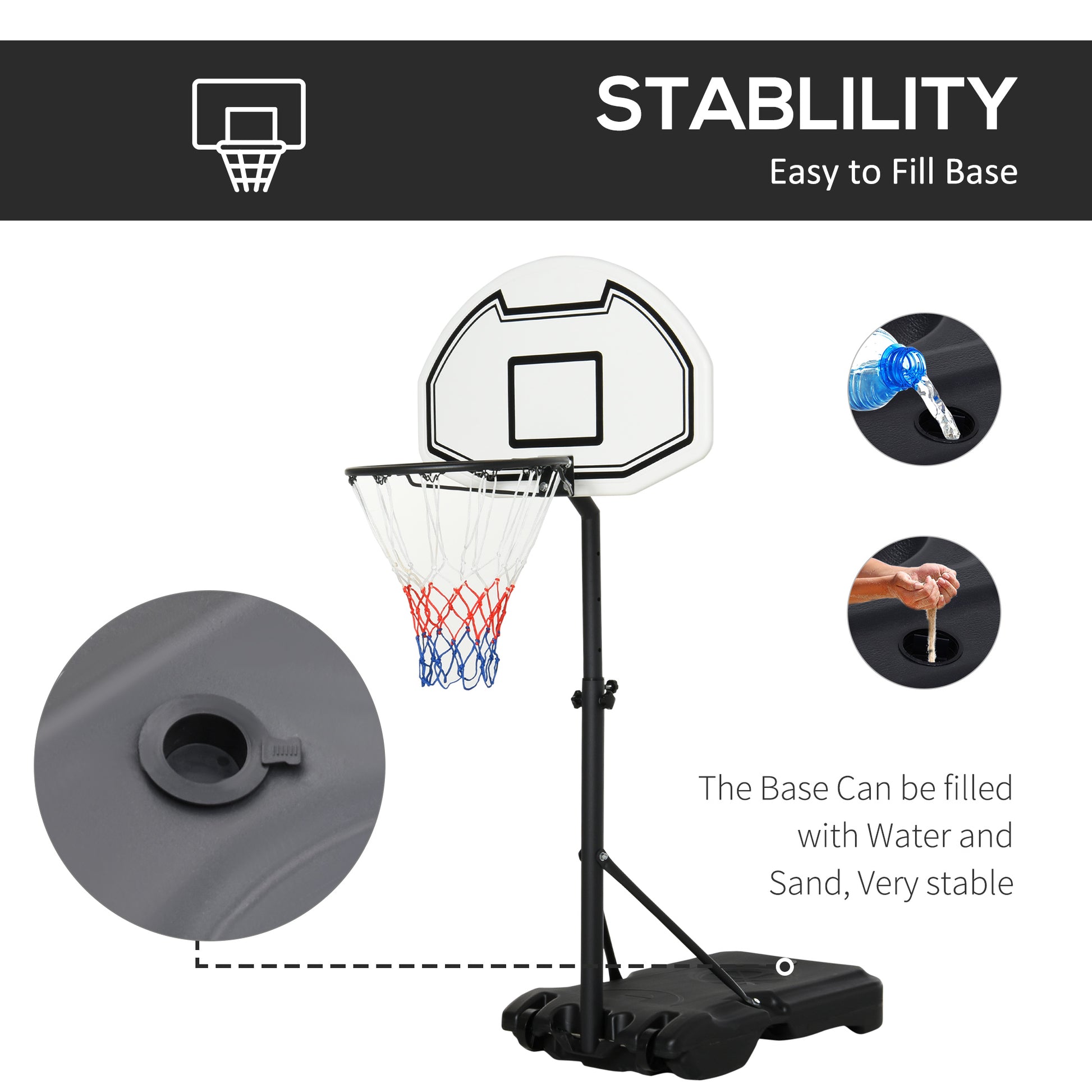 Basketball hoop with stability features highlighted on a white background