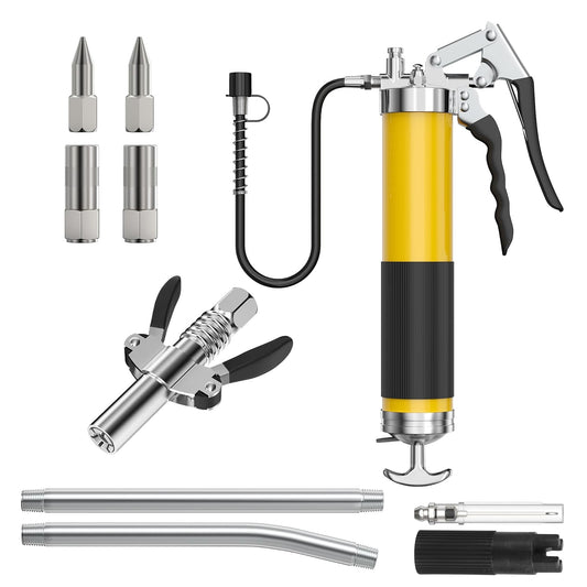 1Pc Grease Gun Kit Fit For 14 Oz Grease Tube 7000 PSI High Pressure Pistol Grip Grease Gun With Lock Coupler 11in Spring Flex Hose Jaw Couplers Sharp Nozzles