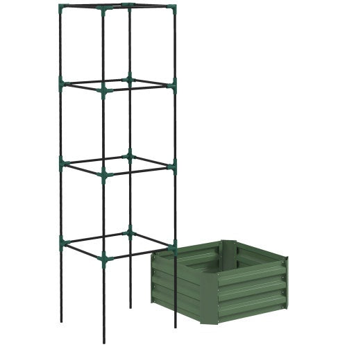 Outsunny Galvanized Raised Garden Bed, 24 X 24 X 11.75 Outdoor Planter Box With Trellis Tomato Cage And Open Bottom For Climbing Vines, Vegetables, Flowers In Backyard, Garden, Patio, Green