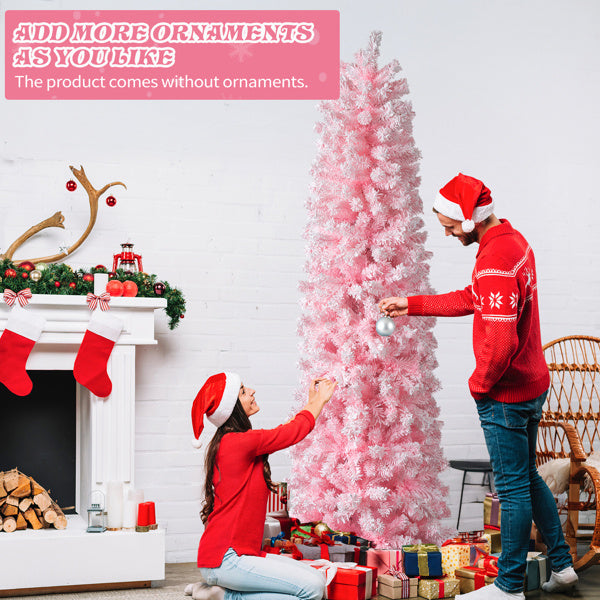 7.5 FT Snow Flocked Hinged Christmas Tree, Artificial Pencil Christmas Tree, Unlit Artificial Christmas Pine Tree With 641 Branch Tips And Sturdy Stand, Pink