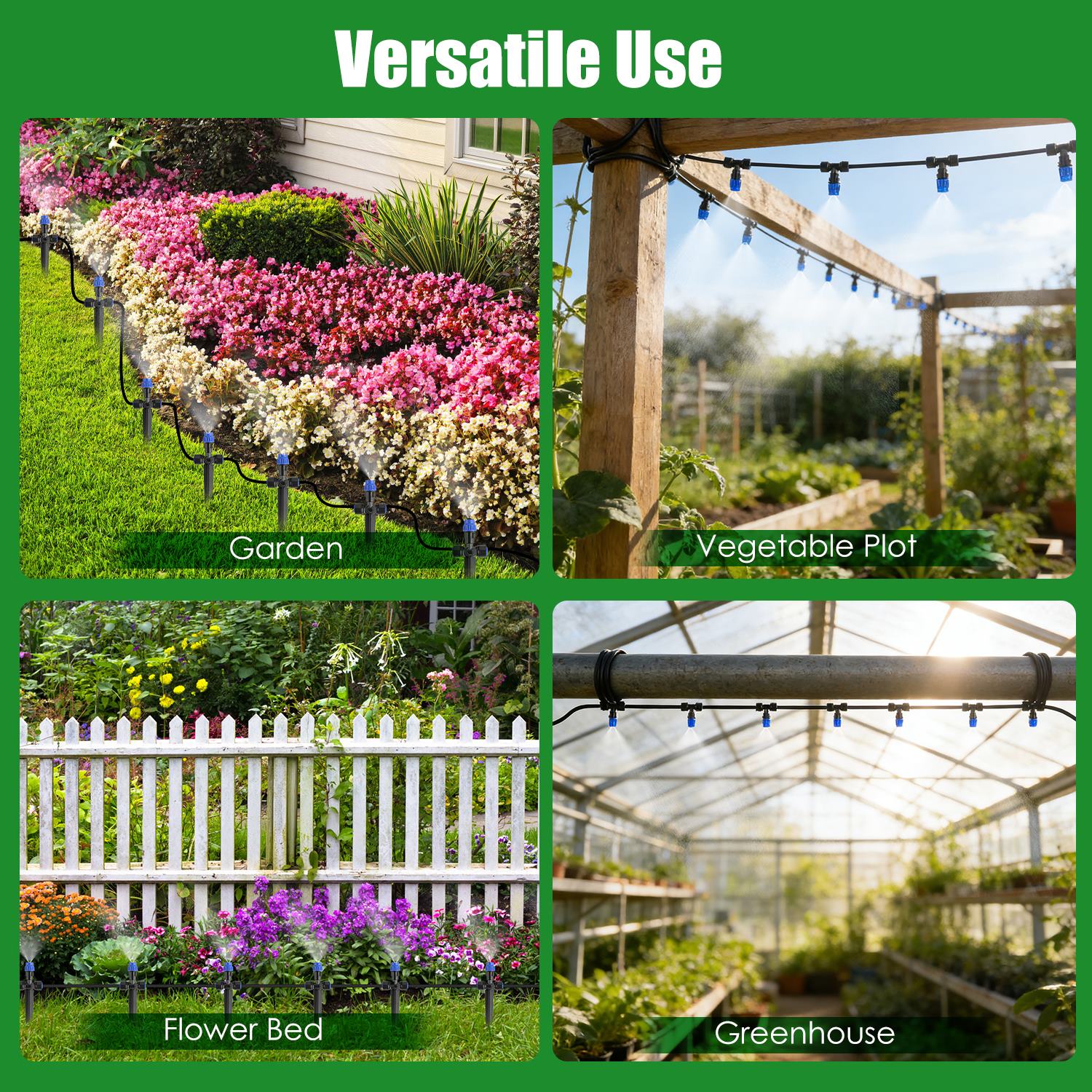 Collage of garden scenes including a flower bed, vegetable plot, and greenhouse with text 'Versatile Use'.