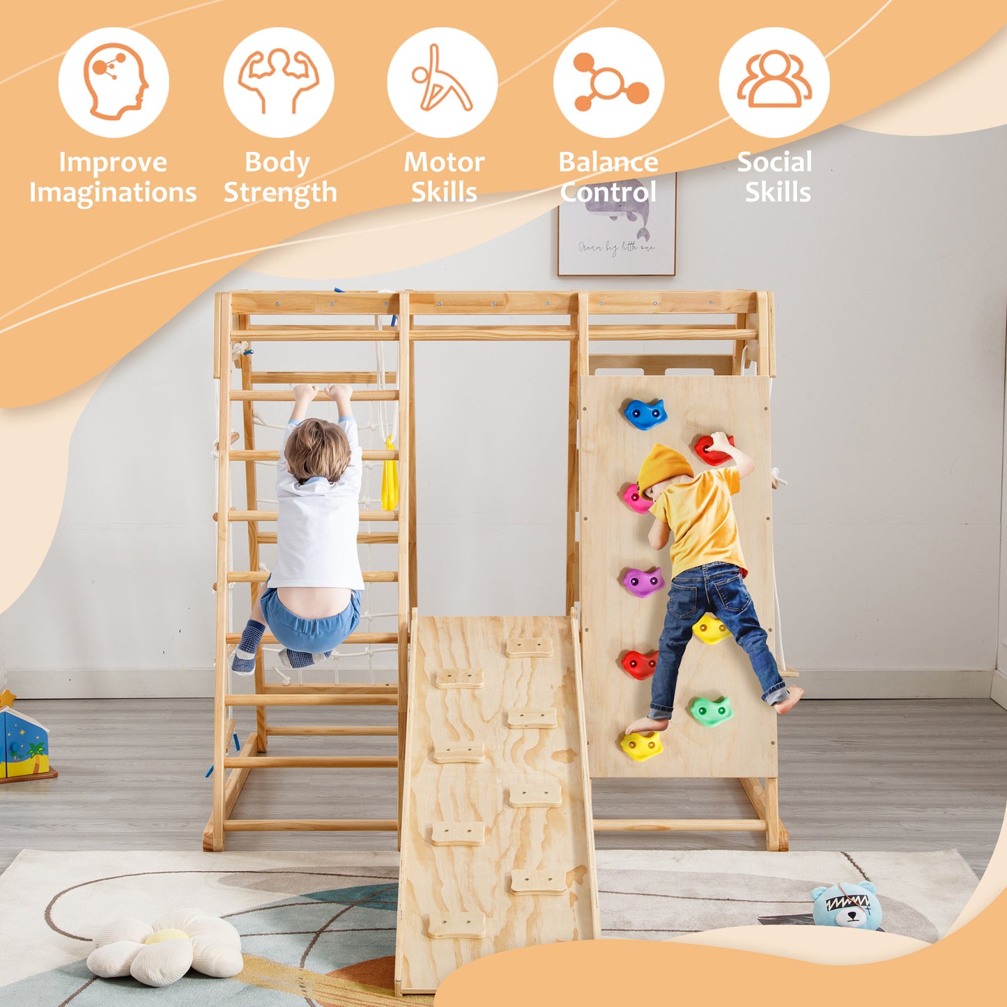 Toddler Indoor Wooden Gym 8-in-1 Indoor Playground Climbing Playset