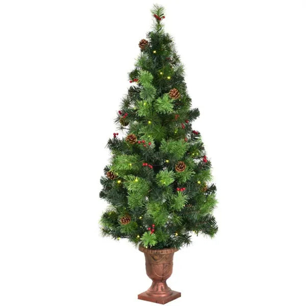 5ft Pre-Lit Artificial Christmas Tree - 100 Clear LED Lights 260 Tips PVC Red Berries Pine Cones UL Adapter