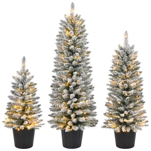 Set Of 3 Pre-lit Xmas Trees With Pot Stands,  Snow Flocked Artificial Christmas Trees WithWarm Lights Battery Operated And Branch Tips For Holiday Party Office Home