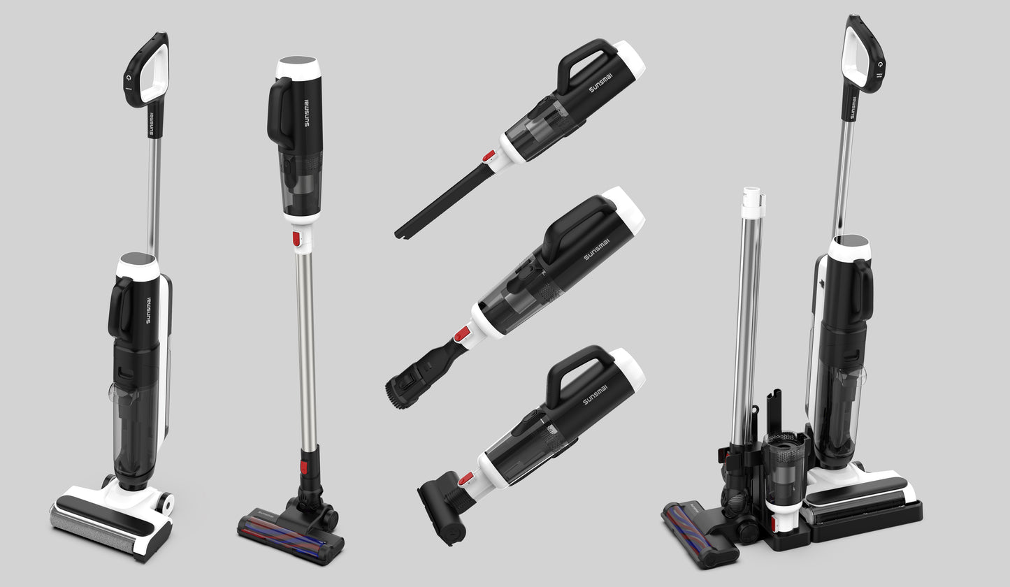 Set of various vacuum cleaner attachments on a gray background