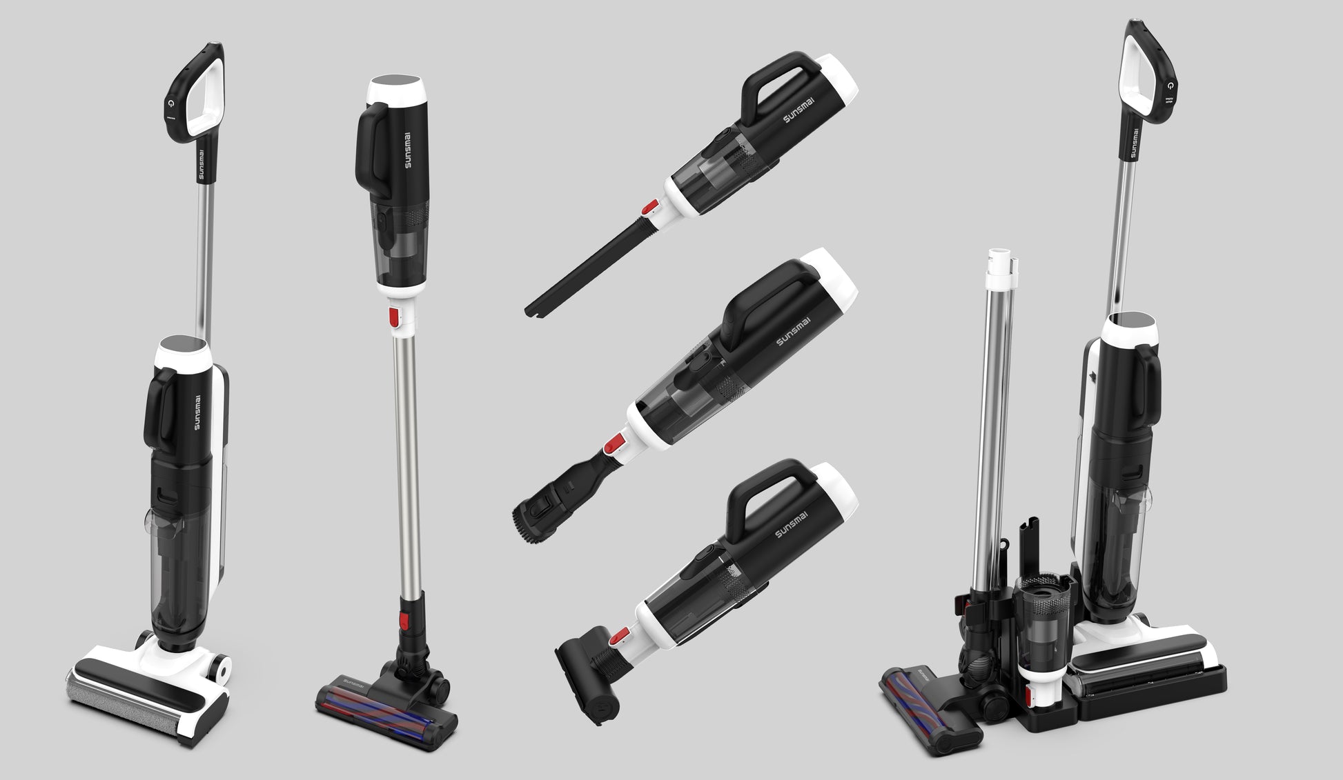 Set of various vacuum cleaner attachments on a gray background