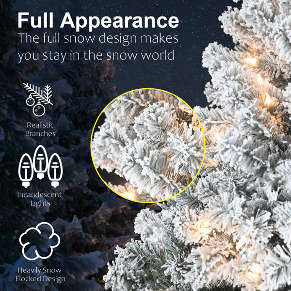 Artificial 7ft Flocked Christmas Tree With 1022 PVC Branch Tips, 350L Warm White Led, Round Head, Foldable Base For Indoor Holiday Decorating