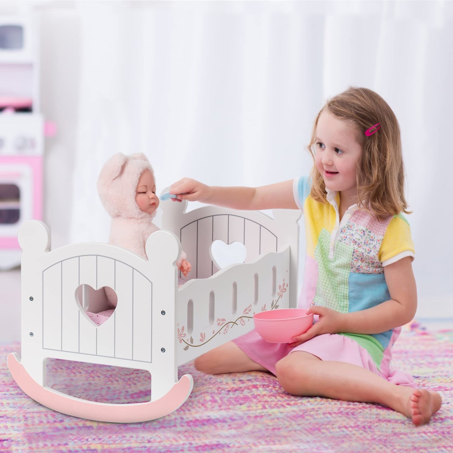 ROBOTIME Wooden Doll Cradle Rocking Baby Doll Crib Reversible Doll Bed For Dolls Girl,Fits Dolls Up To 18 Inches