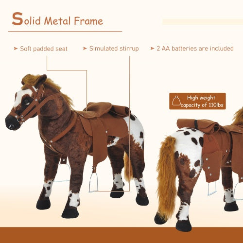 Qaba Sound-Making Ride On Horse For Toddlers 3-5, With Neighing And Galloping Sound, Stuffed Animal Horse Toy For Kids With Padding, Soft Feel, Brown