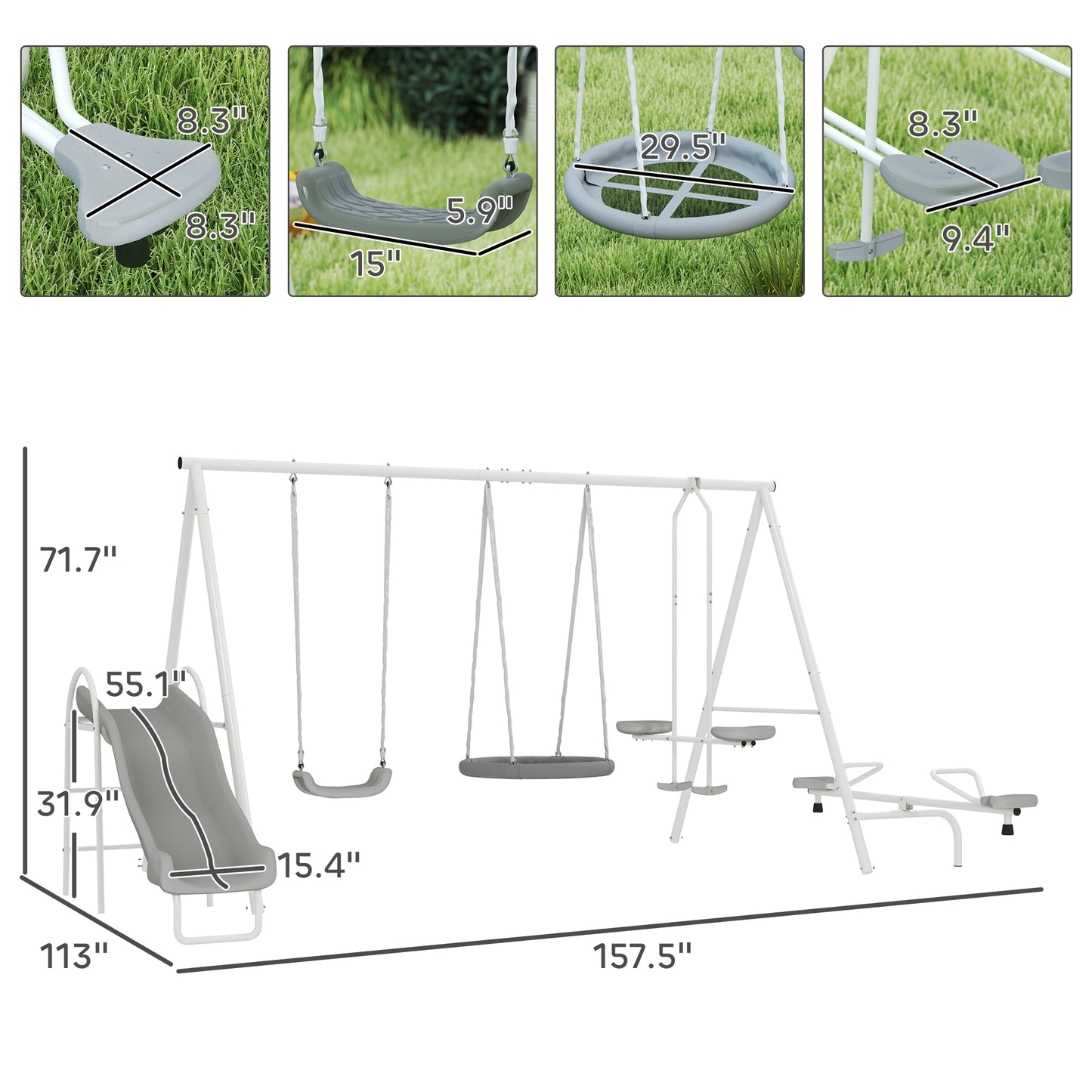 Swing set with measurements displayed on a white background