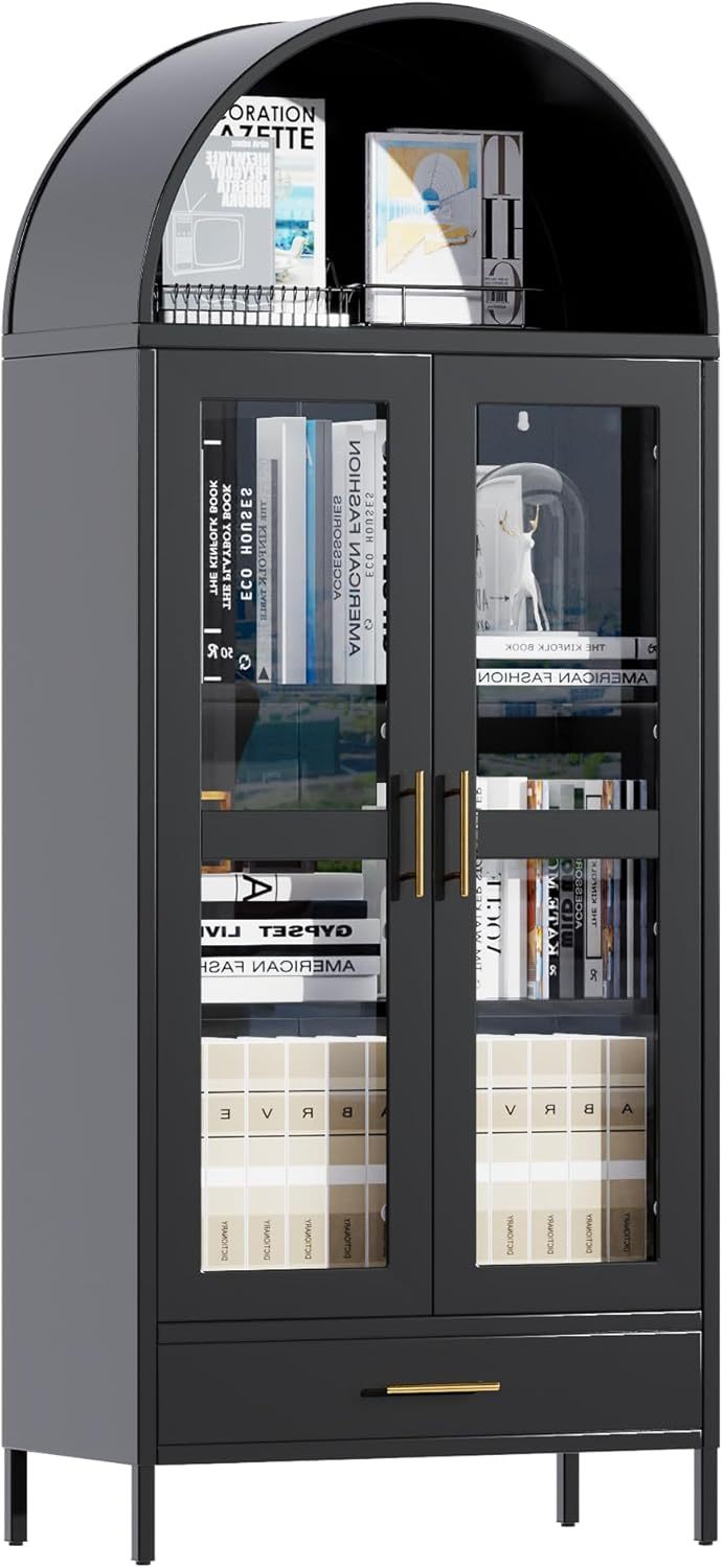 73In Tall Metal Arched Cabinet, Arched Display Pantry Cabinet With Glass Door, Modern Farmhouse Bookcase With 1 Drawer And 2 Adjustable Shelves For Living Room, Black, Assembly Required