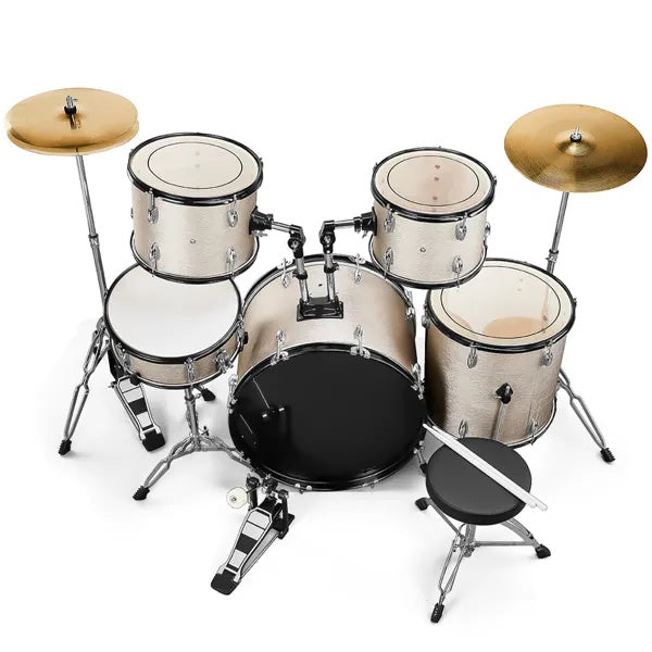 Full Size AdultDrum Set 5-Piece Silver With Bass Drum, Two Tom Drum, Snare Drum, Floor Tom, Stool, Drum Pedal, Sticks