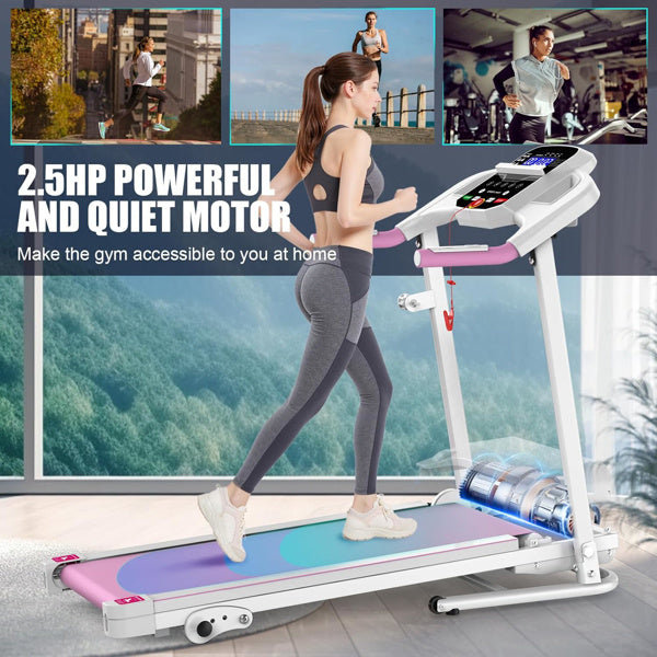Pink Compact Folding Treadmill For Home - 2.5HP Quiet Brushless Motor, 3-Level Incline, 7.5 MPH, Shock Absorption, Space-Saving Design For Running, Walking - Treadmill For Small Spaces & Home Use