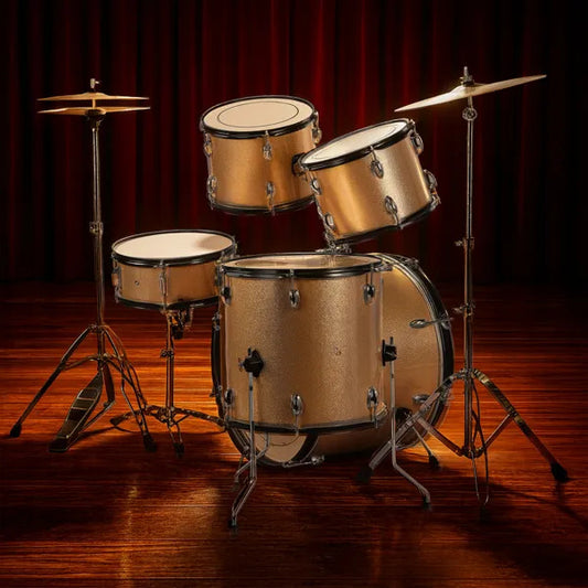 Full Size AdultDrum Set 5-Piece Champagne With Bass Drum, Two Tom Drum, Snare Drum, Floor Tom, Stool, Drum Pedal, Sticks