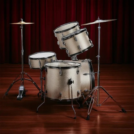 Full Size AdultDrum Set 5-Piece Silver With Bass Drum, Two Tom Drum, Snare Drum, Floor Tom, Stool, Drum Pedal, Sticks