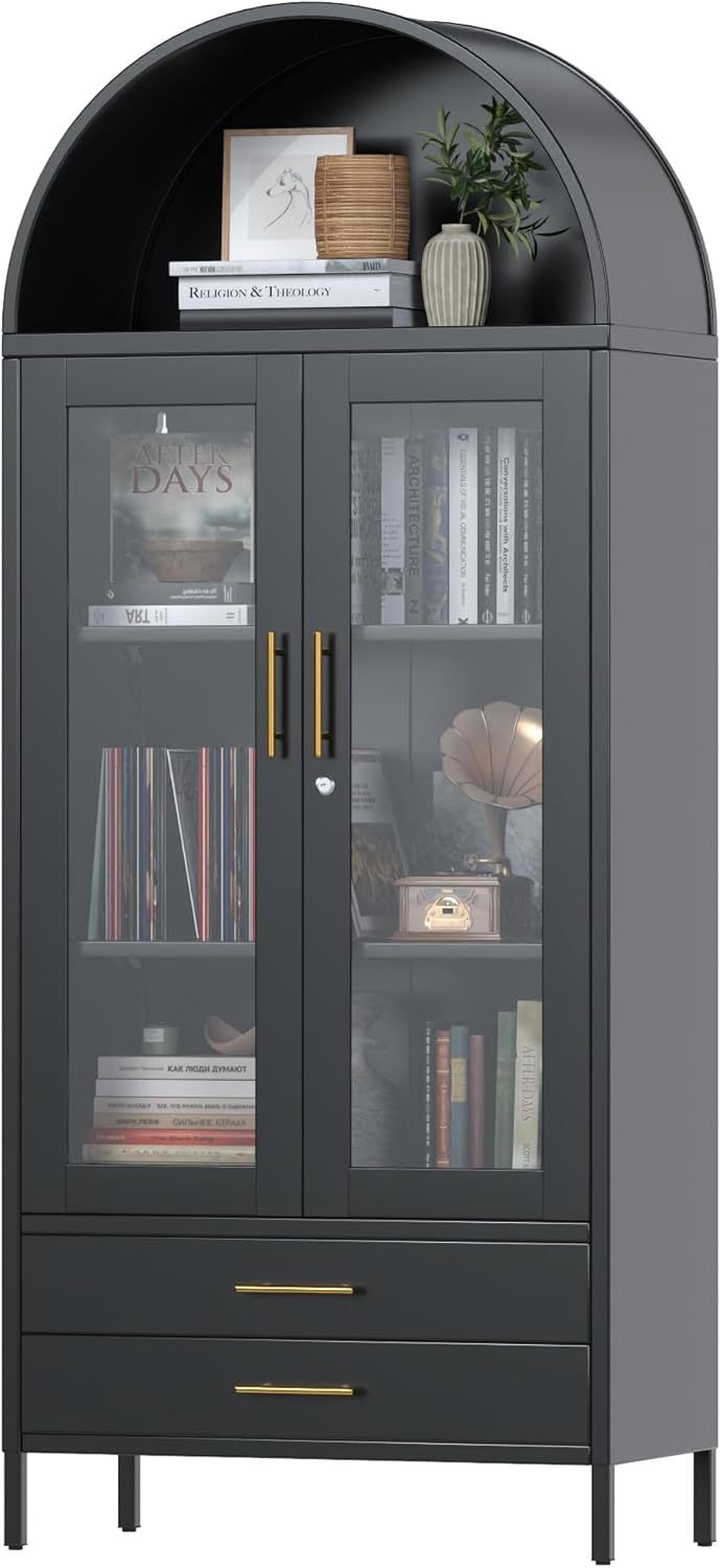 73 In Tall Metal Arched Cabinet, Kitchen Pantry Cabinet With Glass Doors, Modern Farmhouse Arched Bookcase With 2 Drawers And 2 Adjustable Shelves For Living Room, Black, Assembly Required