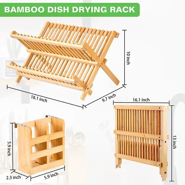 Collapsible 2-Tier Bamboo Dish Drying Rack Foldable Wooden Dish Drainer With Utensil Holder, Space-Saving Dish Rack For Kitchen Countertop