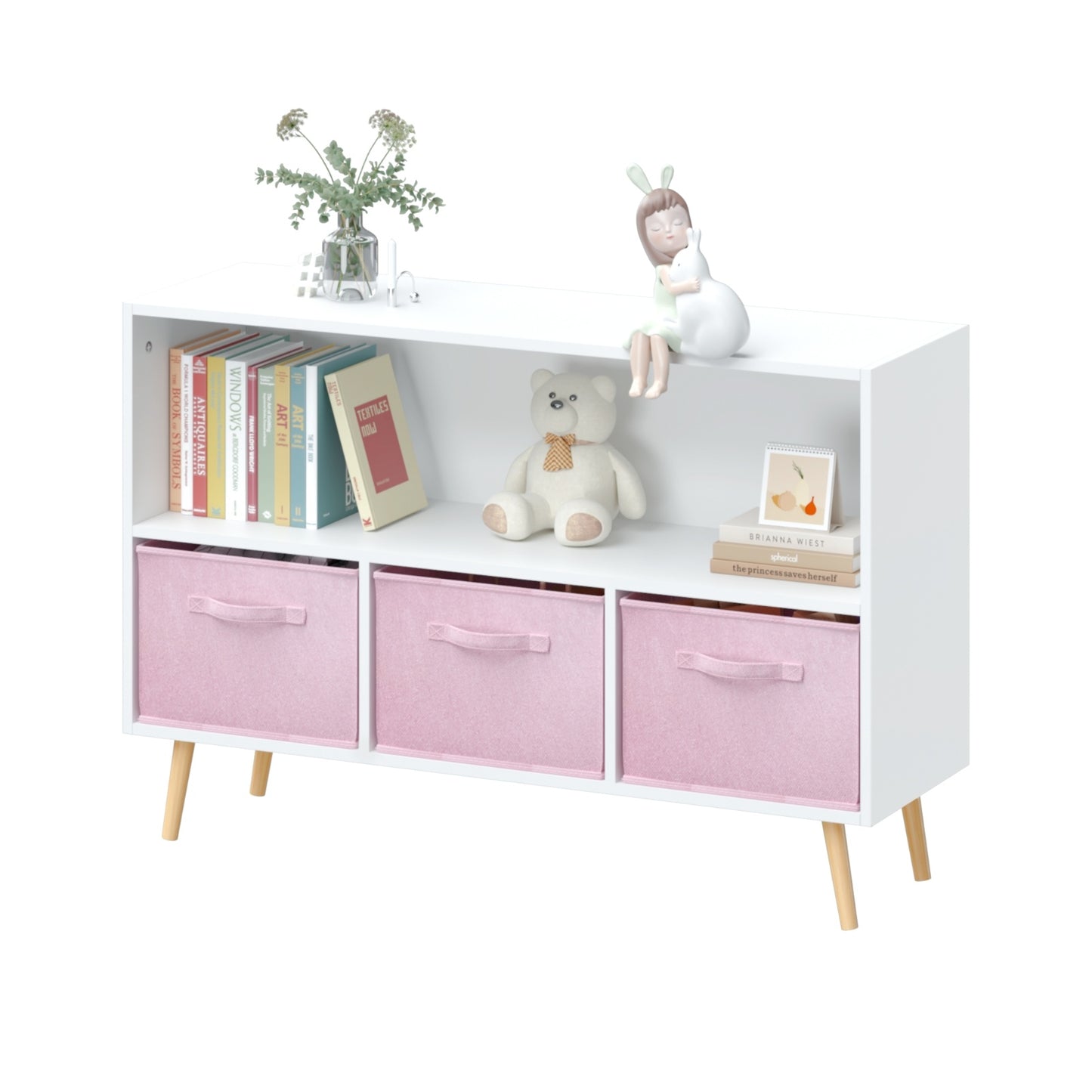 Kids Bookcase With Fabric Drawers, Children's Book Display & Toy Storage Cabinet