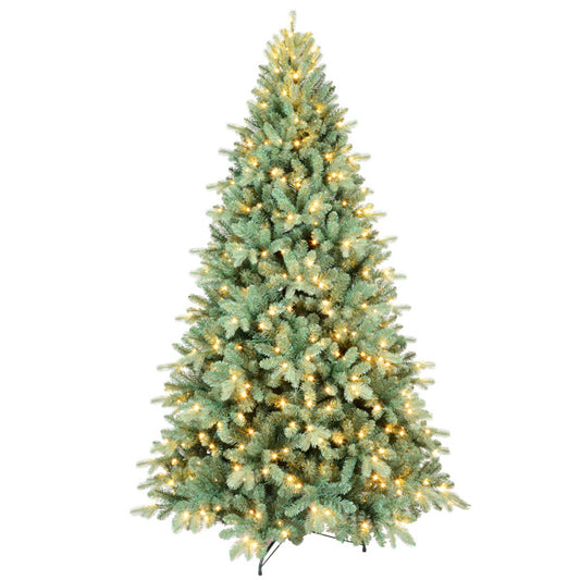 Artificial 9ft Blue Green Tint Christmas Tree With 3268 PE PVC Mixed Branch Tips, 800L Warm White Led, Memory Wire Iron Wire, Hinged Premium & Foldable Base For Indoor Holiday Decorating