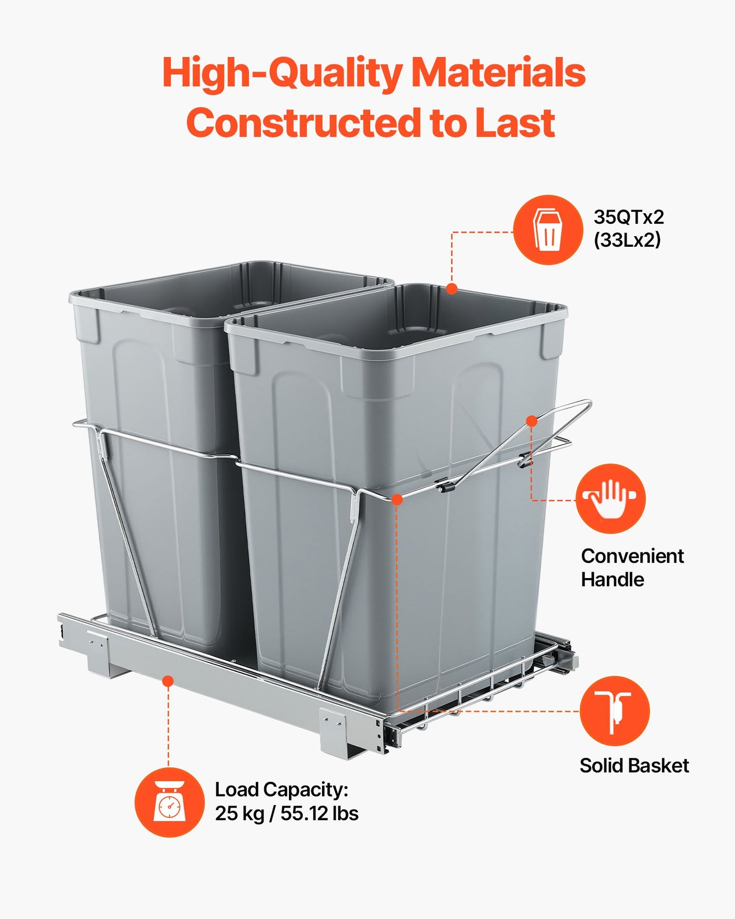 Double 35QTx2 Pullout Waste Container Under Cabinet Kitchen Trash Can Soft Close