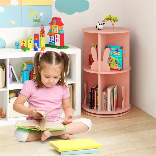 2-Tier Kids Rotating Bookshelf - Display For Books Toys, Bunny Baffles Child-Friendly Height, 22 Lbs Net Weight