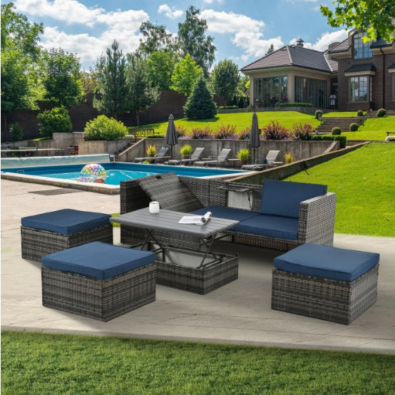 Sofa With Chaise Lounge Patio Furniture, Outdoor Furniture, Seasonal Polyethylene Wicker Furniture, 5 Piece Set of Wicker Furniture with Plywood