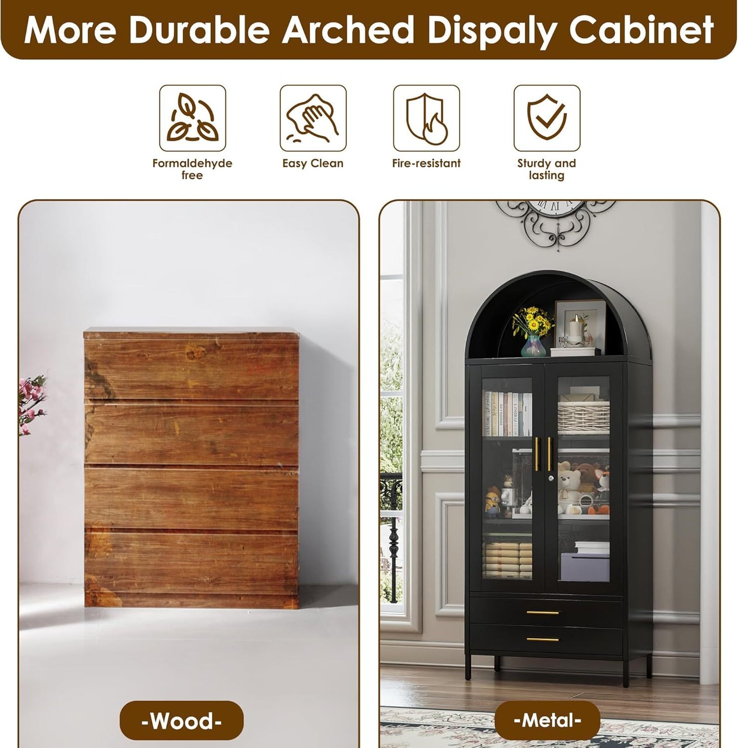 73 In Tall Metal Arched Cabinet, Kitchen Pantry Cabinet With Glass Doors, Modern Farmhouse Arched Bookcase With 2 Drawers And 2 Adjustable Shelves For Living Room, Black, Assembly Required