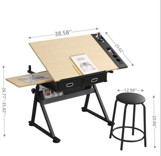 Adjustable Drawing Drafting Table Desk With 2 Drawers For Home Office And School With Stool  Wood